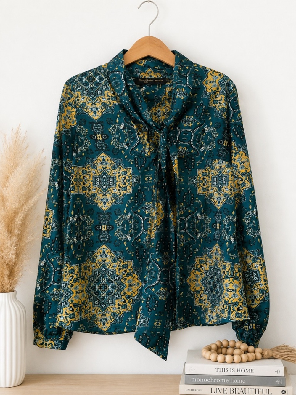 House of Harlow 1960 x REVOLVE Teal Mustard Paisley Tie-Neck Blouse Size small